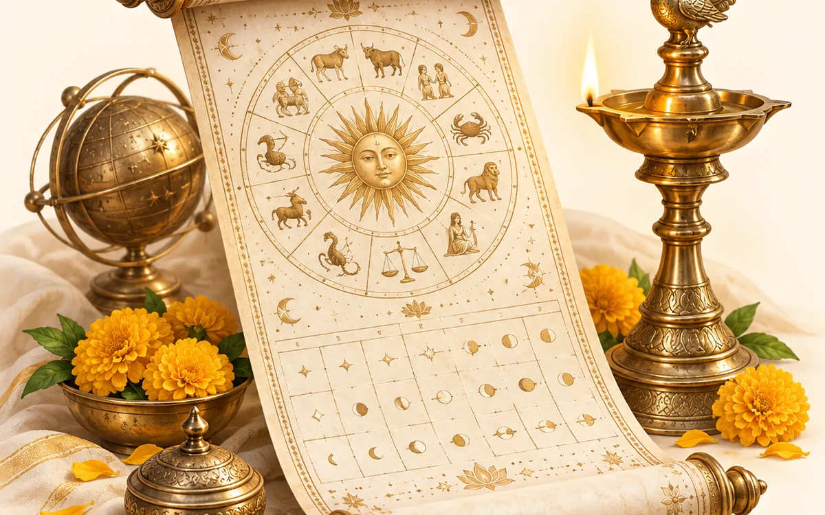 A Panchang scroll with a brass lamp, marigolds and a brass globe