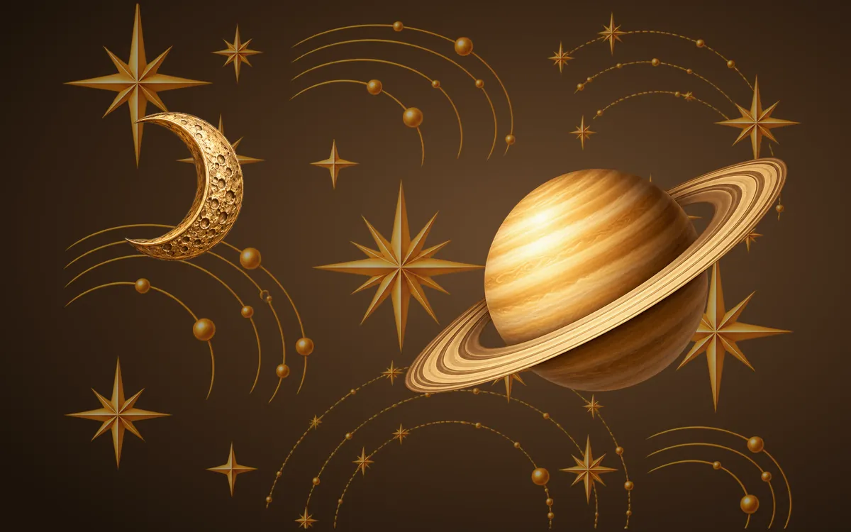Saturn and a crescent Moon against a starry night sky