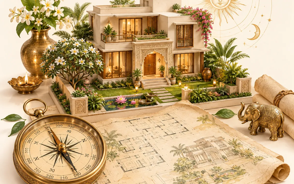 A house with a garden, a brass compass and a floor plan