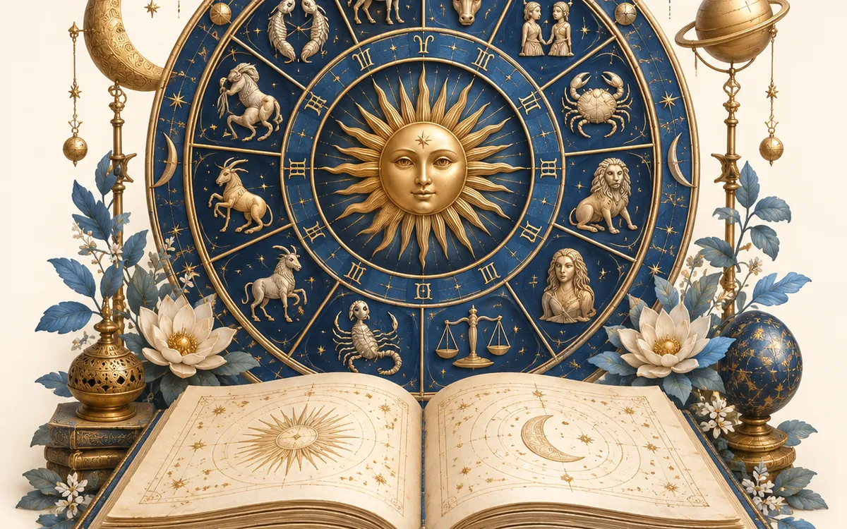 A zodiac wheel above an open book, with the Moon and planets around it
