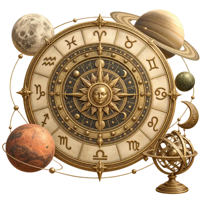 A carved zodiac wheel with the Sun, the Moon and planets around it
