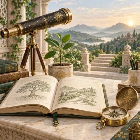 An open book and a telescope on a terrace looking out over hills