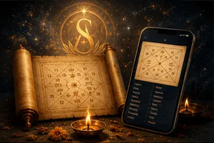 A birth chart on a scroll beside a phone and a lamp