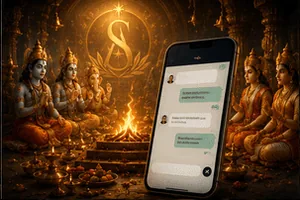 A phone showing a chat conversation beside a lamp