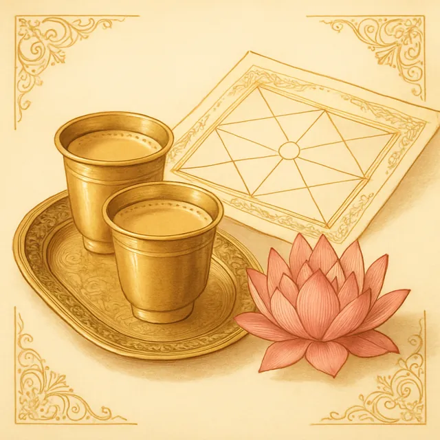 Two cups of tea beside a birth chart and a lotus
