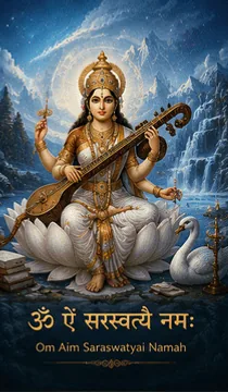 Goddess Saraswati with her veena, with the mantra Om Aim Saraswatyai Namah