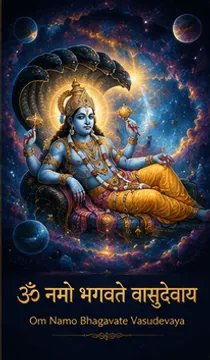 Lord Vishnu resting on the serpent Shesha, with the mantra Om Namo Bhagavate Vasudevaya