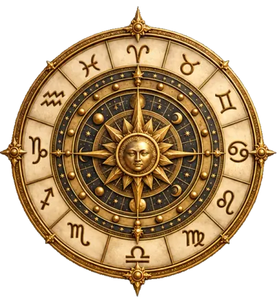 A brass zodiac dial with the twelve signs around a central Sun