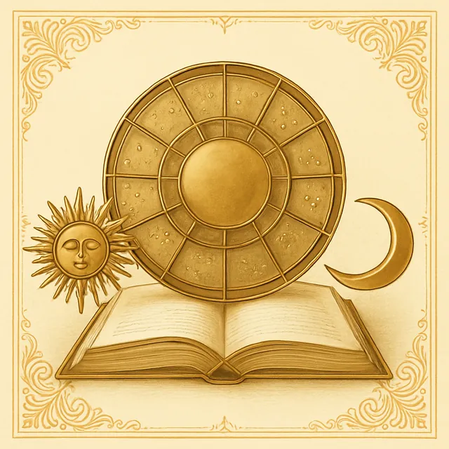 A brass zodiac wheel above an open book, with the Sun and the Moon