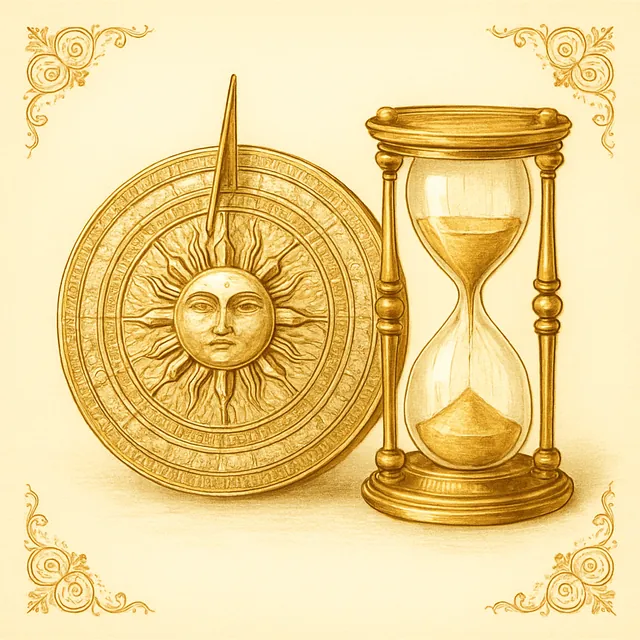 A golden astronomical dial with the Sun at its centre beside an hourglass