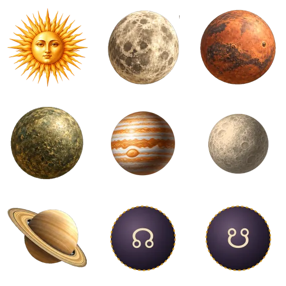 The nine grahas: the Sun, the Moon, Mars, Mercury, Jupiter, Venus, Saturn, and the two nodes Rahu and Ketu