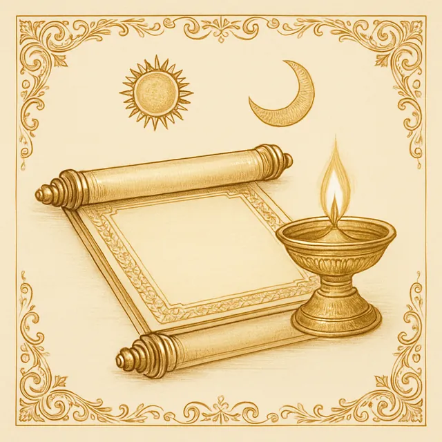 An open almanac scroll beside a brass lamp, with the Sun and the Moon above it