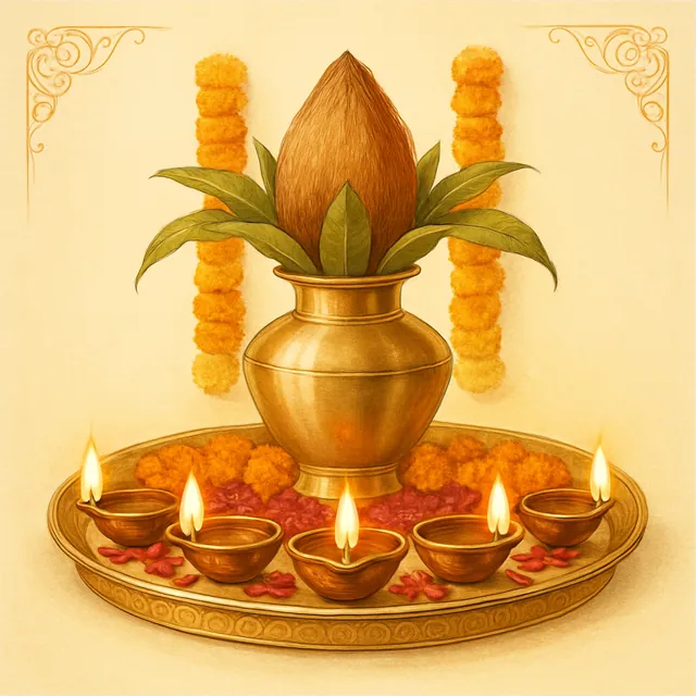Brass diyas, marigolds and a kalash arranged for a festival