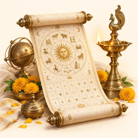 A Panchang scroll with a brass lamp and marigolds