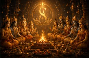 A sacred fire burning before a row of deities