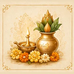 A brass kalash with mango leaves and a coconut, a diya and flowers
