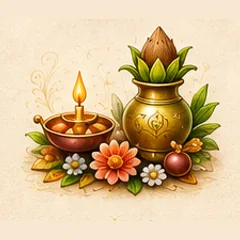 A brass kalash and a lit diya with flowers