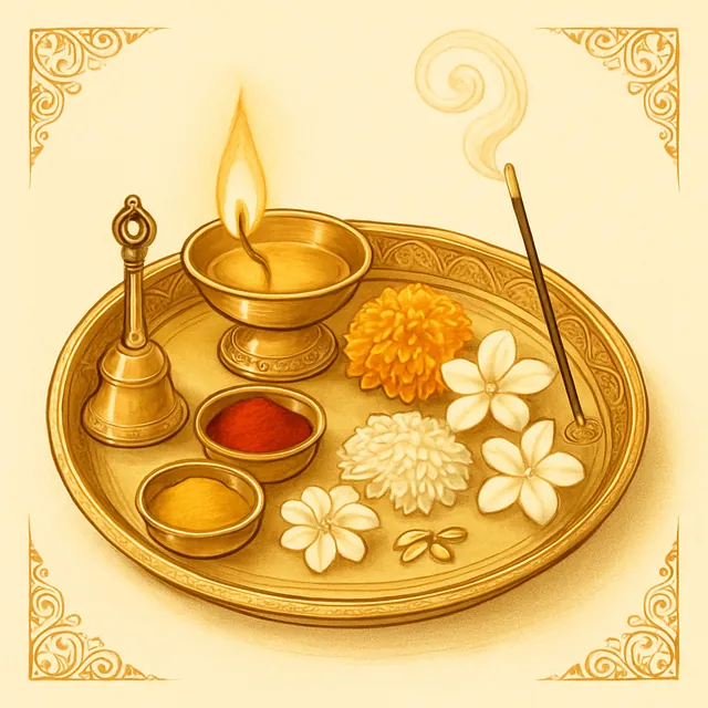 A brass pooja thali with a lit diya, flowers, kumkum and a bell