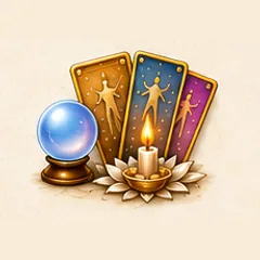 Tarot cards fanned beside a crystal ball and a candle on a lotus