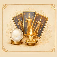 Three tarot cards with a crystal ball and a lit candle