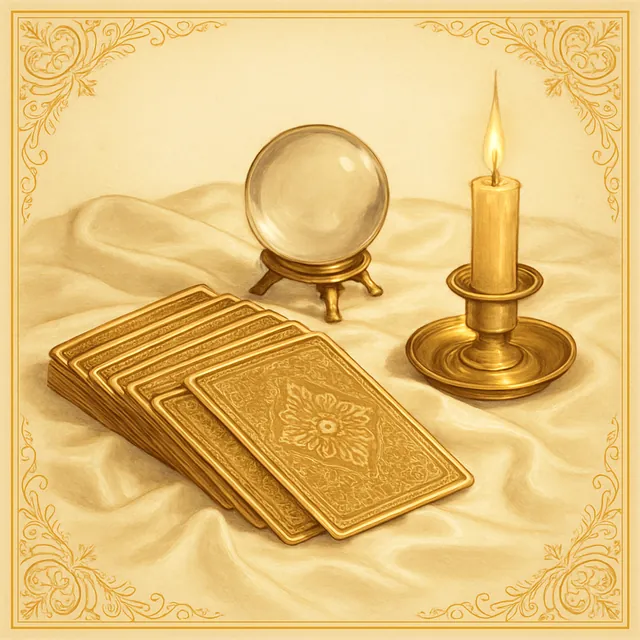 A fanned tarot deck beside a crystal ball and a lit brass candle