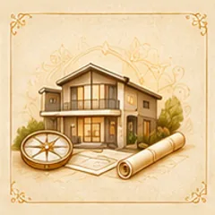 A house with a brass compass and a rolled plan
