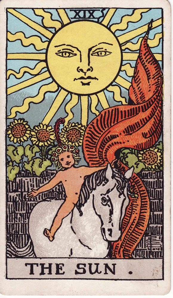 A radiant sun over a wall of sunflowers, a joyful child riding a white horse with a red banner